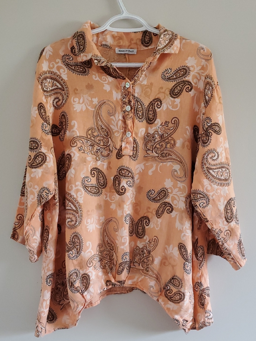 Peach Paisley Button-Front Linen 3/4 Sleeve Assymetric Relaxed Fit Tunic Sz L